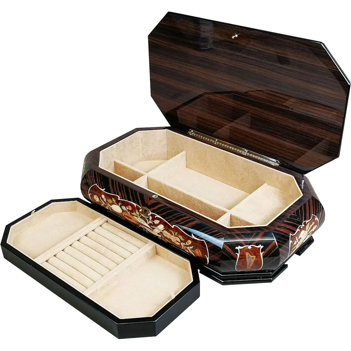 Large Handcrafted Wooden Macassar and Elm Burl Musical Jewellery Box with Marquetry Inlay - Image 6