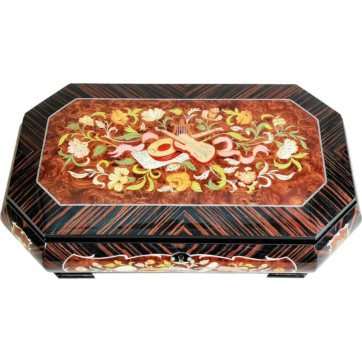 Large Handcrafted Wooden Macassar and Elm Burl Musical Jewellery Box with Marquetry Inlay - Image 5