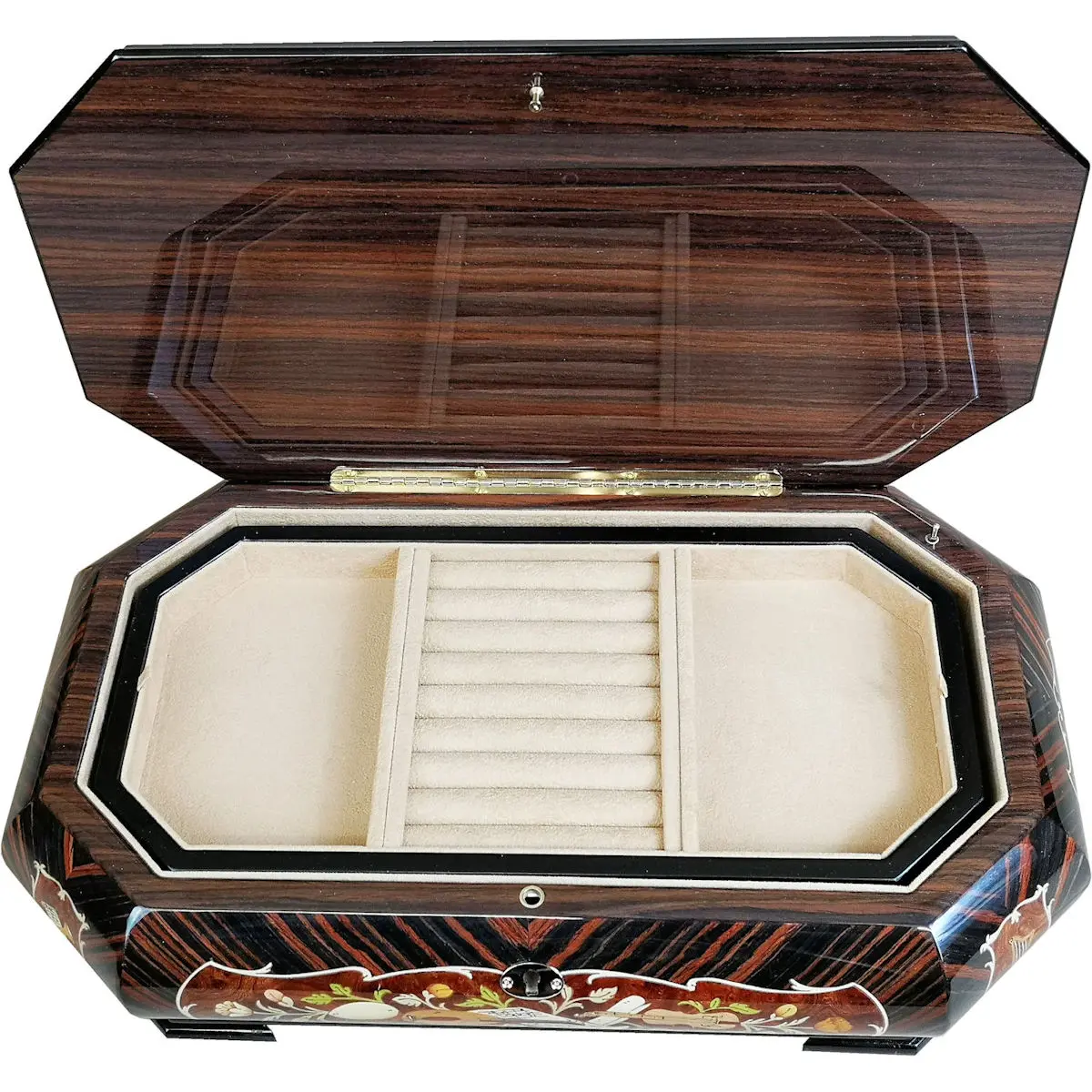 Large Handcrafted Wooden Macassar and Elm Burl Musical Jewellery Box with Marquetry Inlay - Image 7