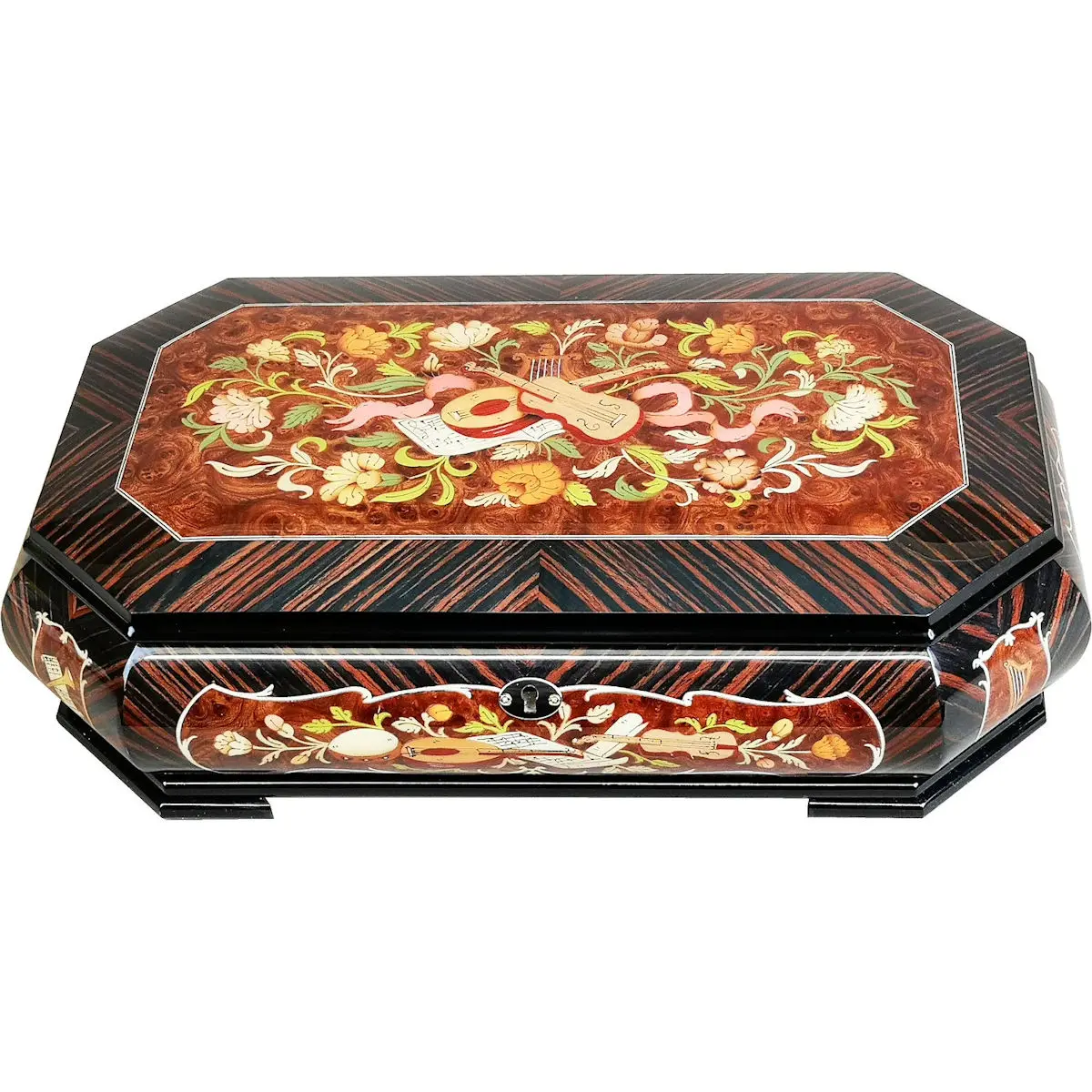 Large Handcrafted Wooden Macassar and Elm Burl Musical Jewellery Box with Marquetry Inlay - Image 3