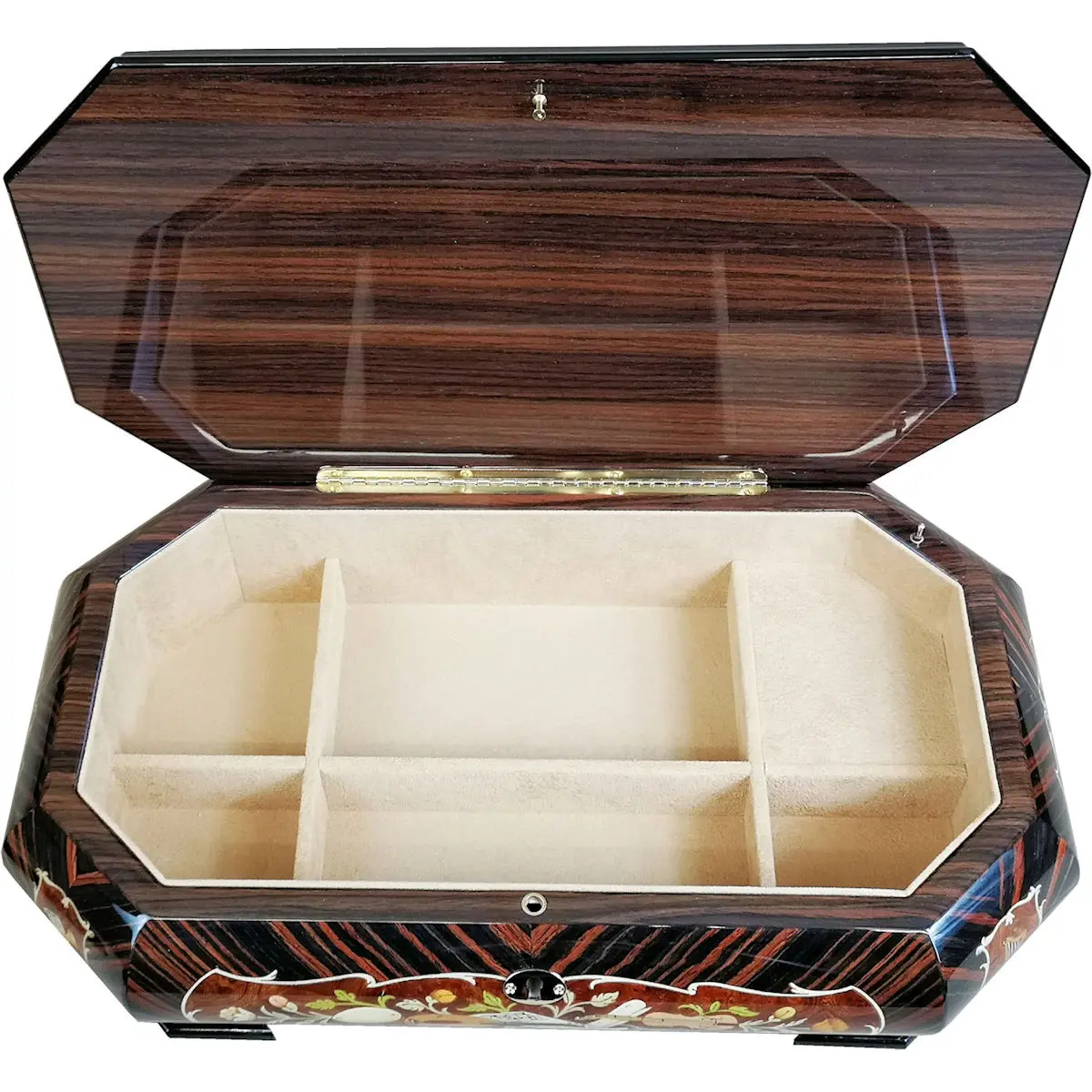 Large Handcrafted Wooden Macassar and Elm Burl Musical Jewellery Box with Marquetry Inlay - Image 9