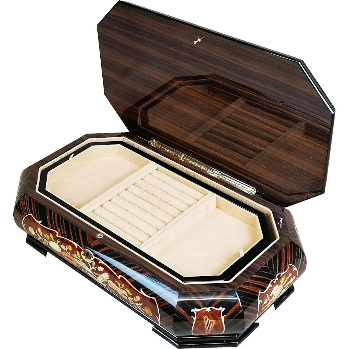 Large Handcrafted Wooden Macassar and Elm Burl Musical Jewellery Box with Marquetry Inlay - Image 4