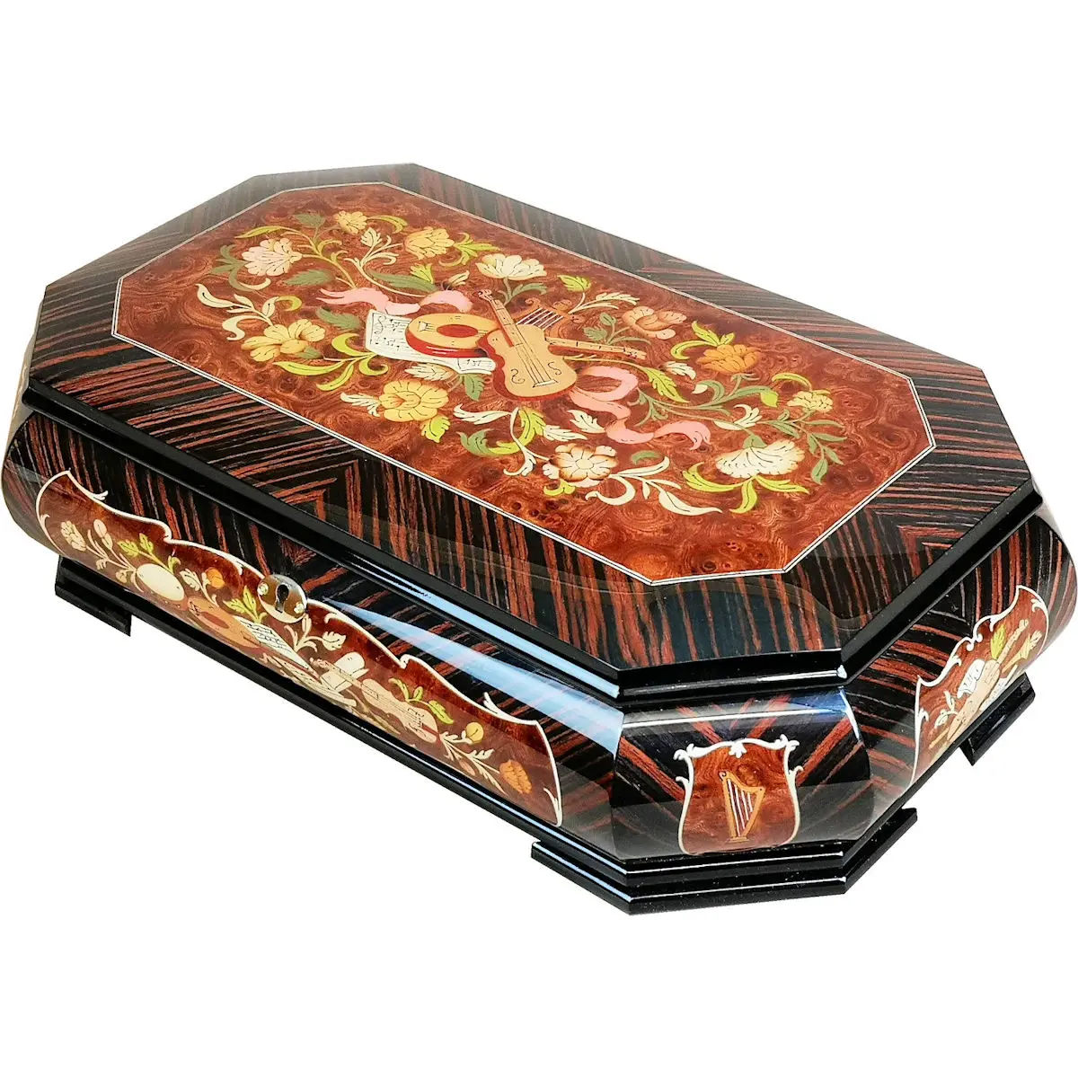 Large Handcrafted Wooden Macassar and Elm Burl Musical Jewellery Box with Marquetry Inlay