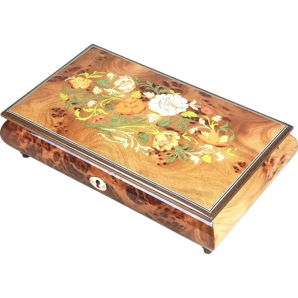 Handcrafted Wooden Golden Elm Burl Musical Jewellery Box with Marquetry Inlay