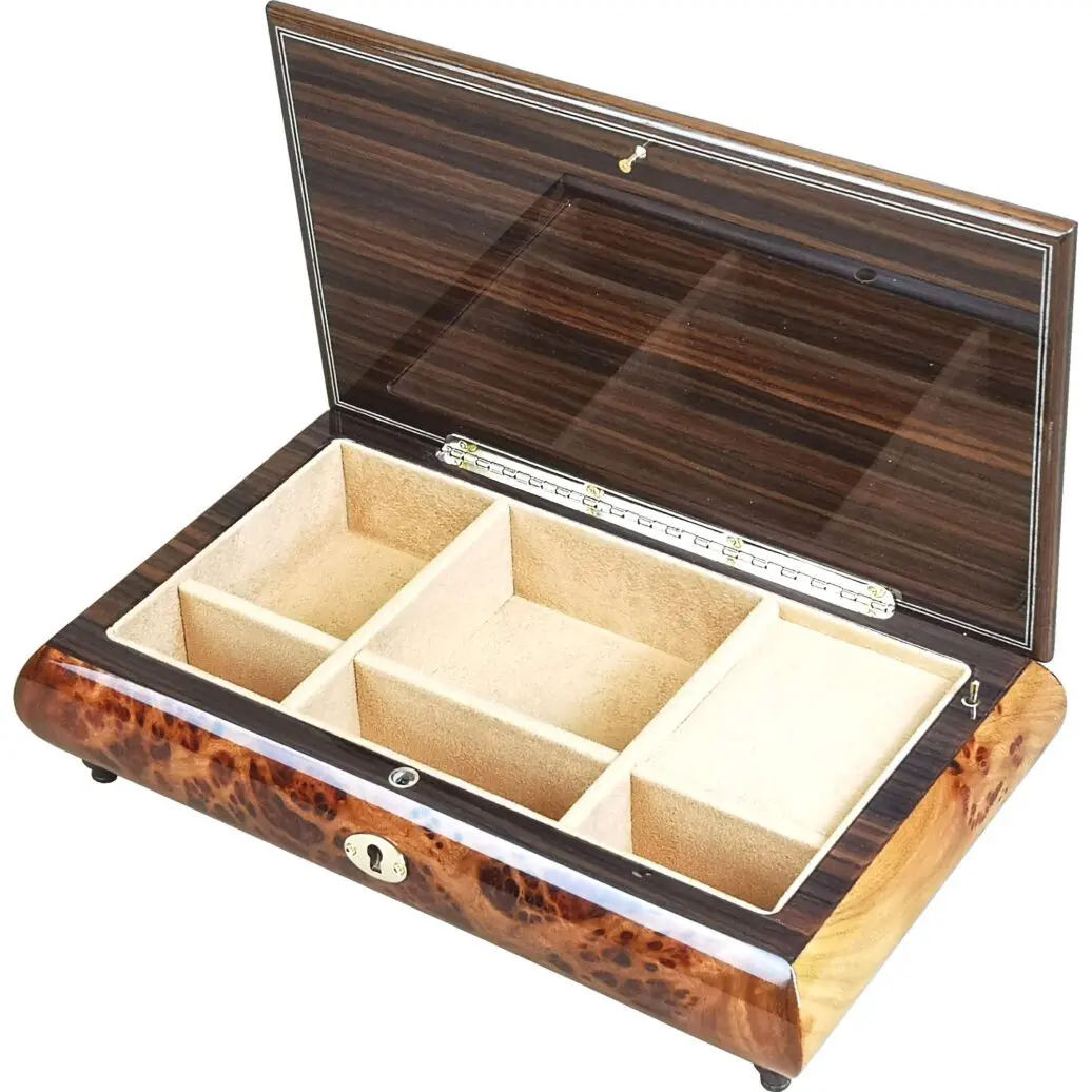Handcrafted Wooden Golden Elm Burl Musical Jewellery Box with Marquetry Inlay - Image 2