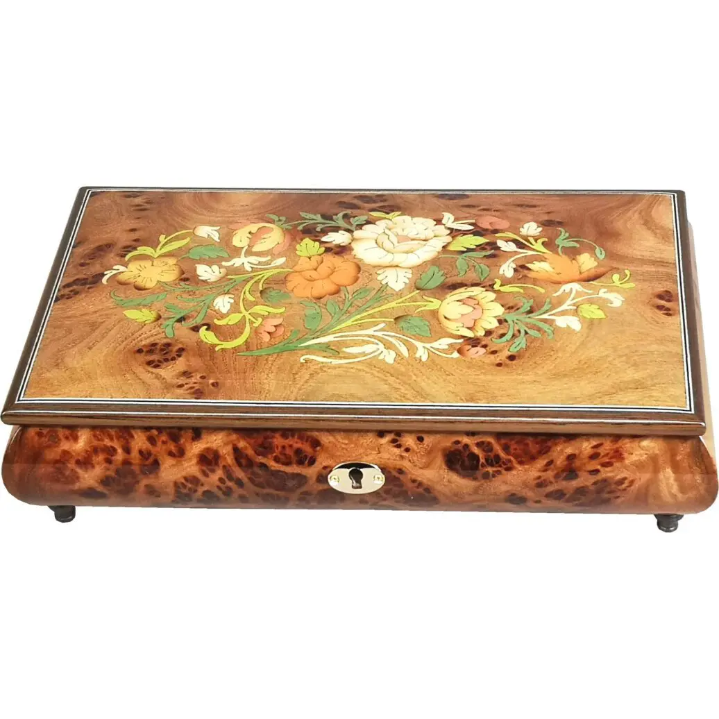 Handcrafted Wooden Golden Elm Burl Musical Jewellery Box with Marquetry Inlay - Image 3