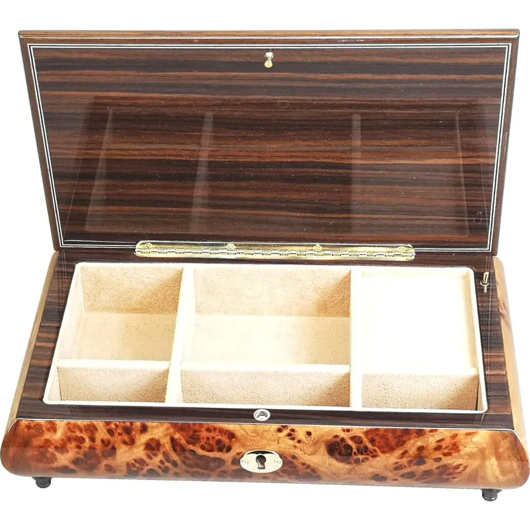 Handcrafted Wooden Golden Elm Burl Musical Jewellery Box with Marquetry Inlay - Image 4