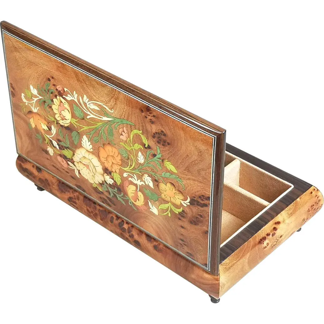 Handcrafted Wooden Golden Elm Burl Musical Jewellery Box with Marquetry Inlay - Image 6