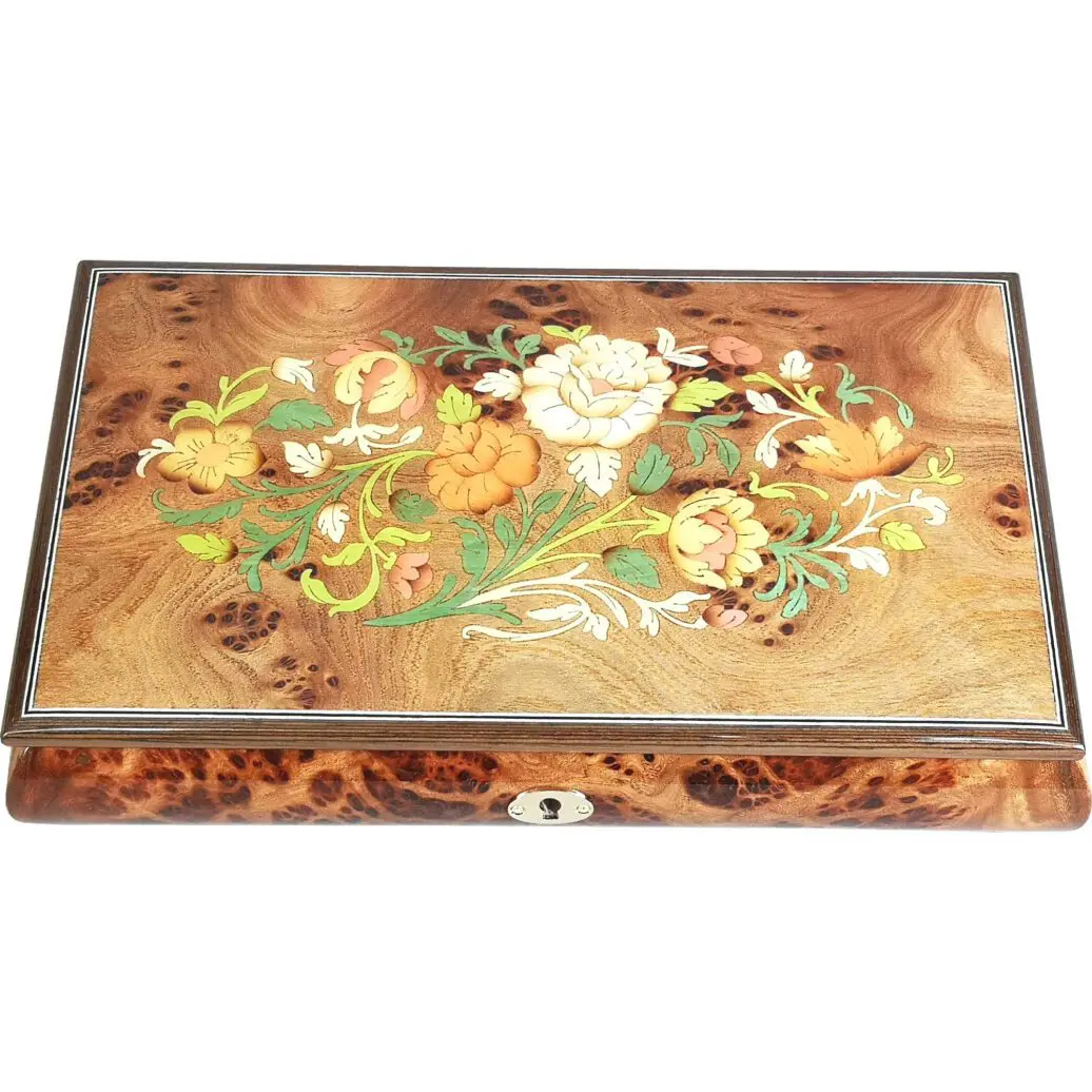 Handcrafted Wooden Golden Elm Burl Musical Jewellery Box with Marquetry Inlay - Image 5