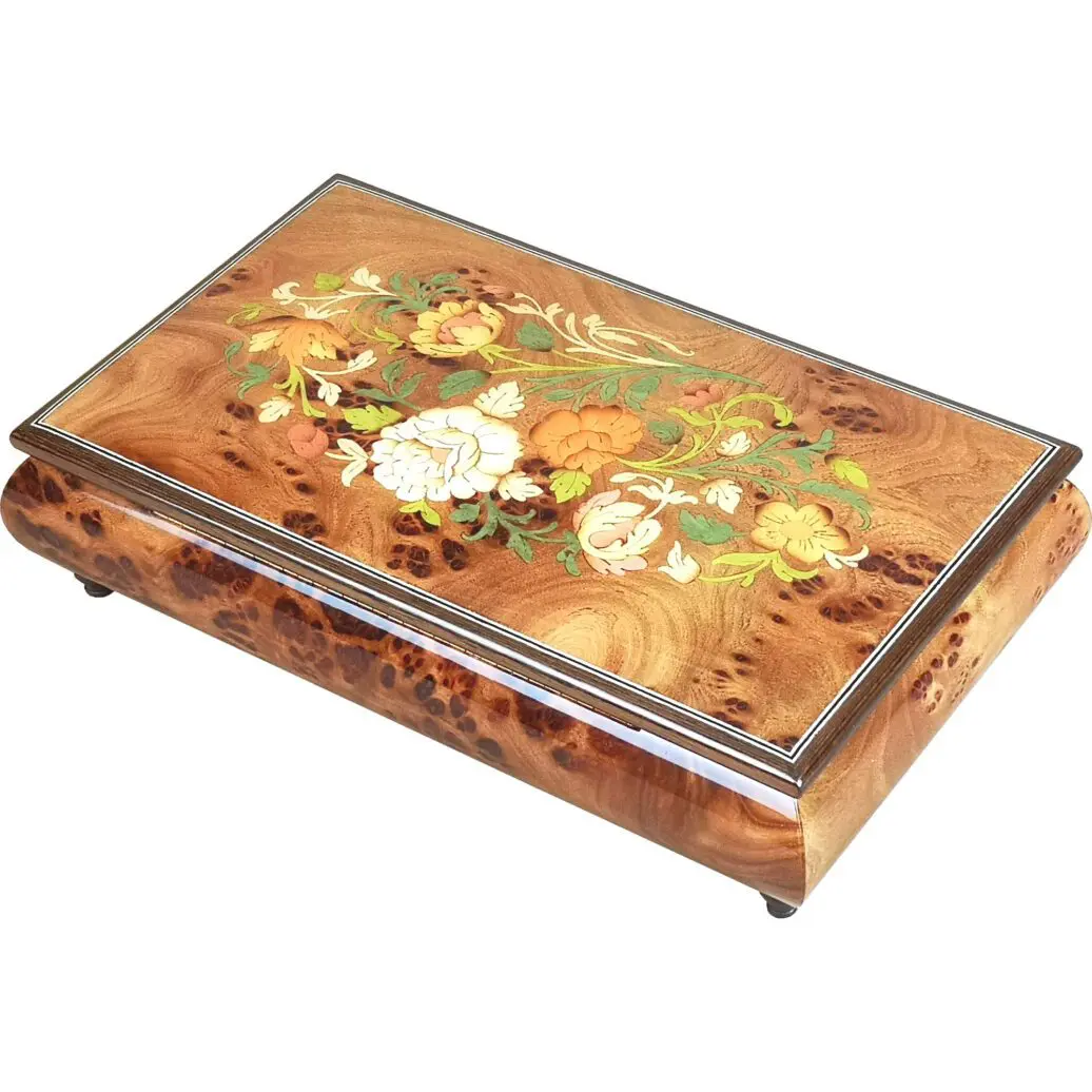 Handcrafted Wooden Golden Elm Burl Musical Jewellery Box with Marquetry Inlay - Image 8