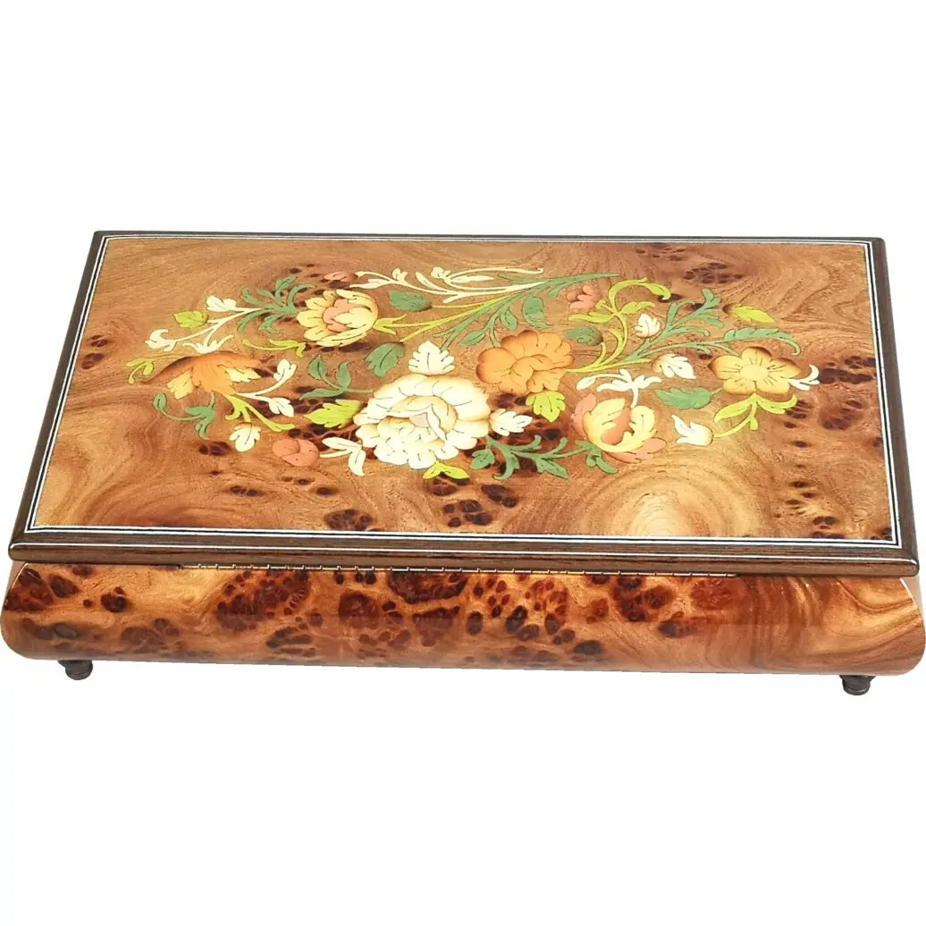 Handcrafted Wooden Golden Elm Burl Musical Jewellery Box with Marquetry Inlay - Image 7