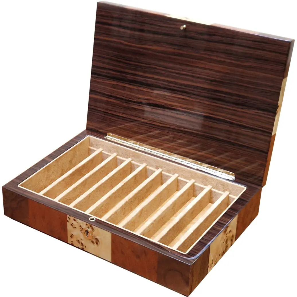 Medium 10 Pen Box made from Maple , Walnut and Elm Burl Veneer with Lock