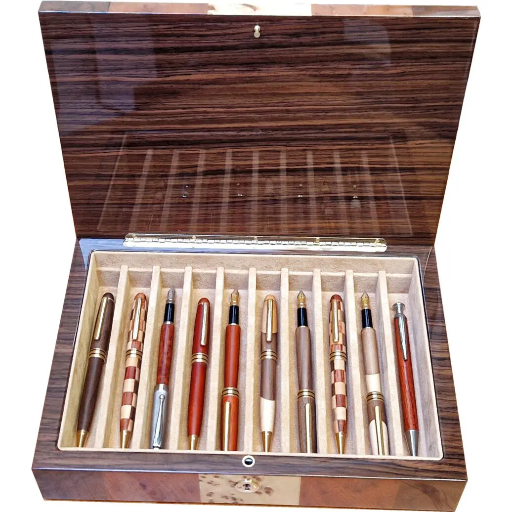 Medium 10 Pen Box made from Maple , Walnut and Elm Burl Veneer with Lock - Image 3