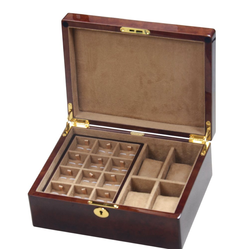 Camphor Burl Wood 4 Watch and 24 Cufflink Gents Valet Box Hillwood