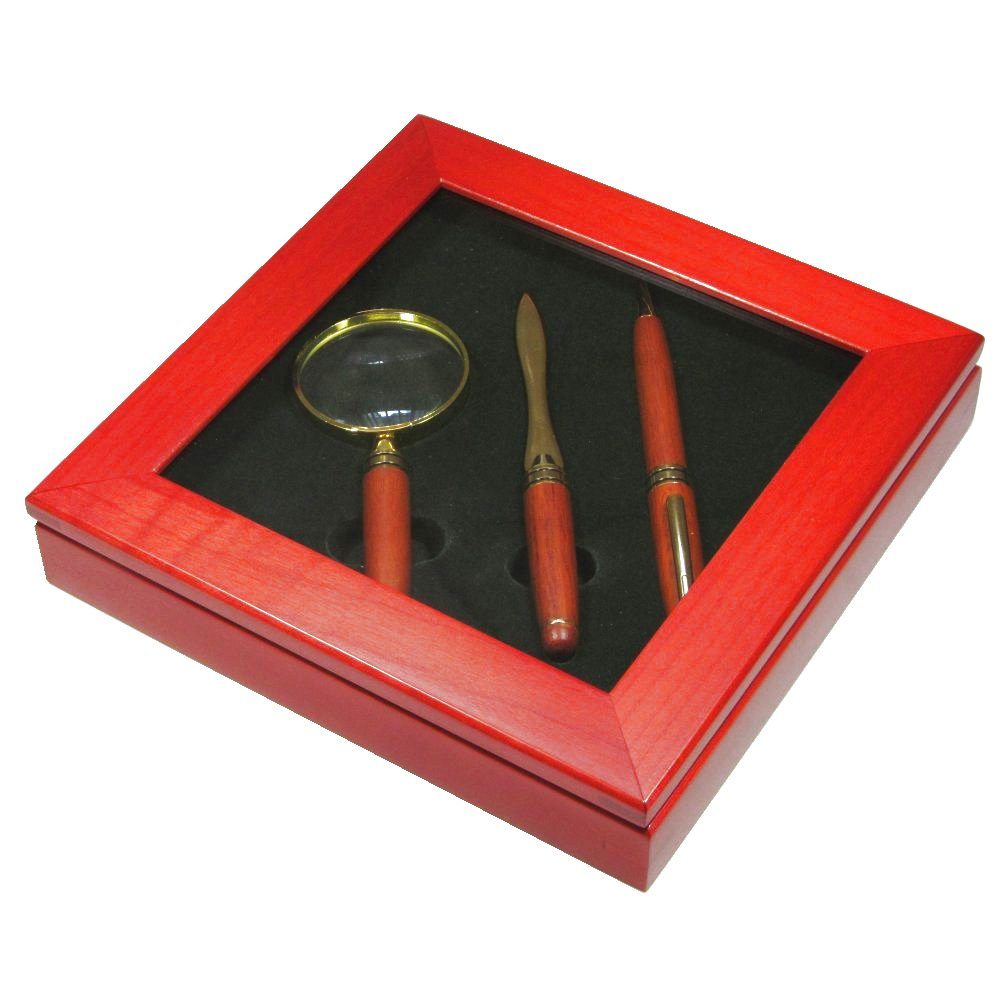 Rosewood Ballpoint , Letter Opener and Magnifying Glass Gift Set in Box