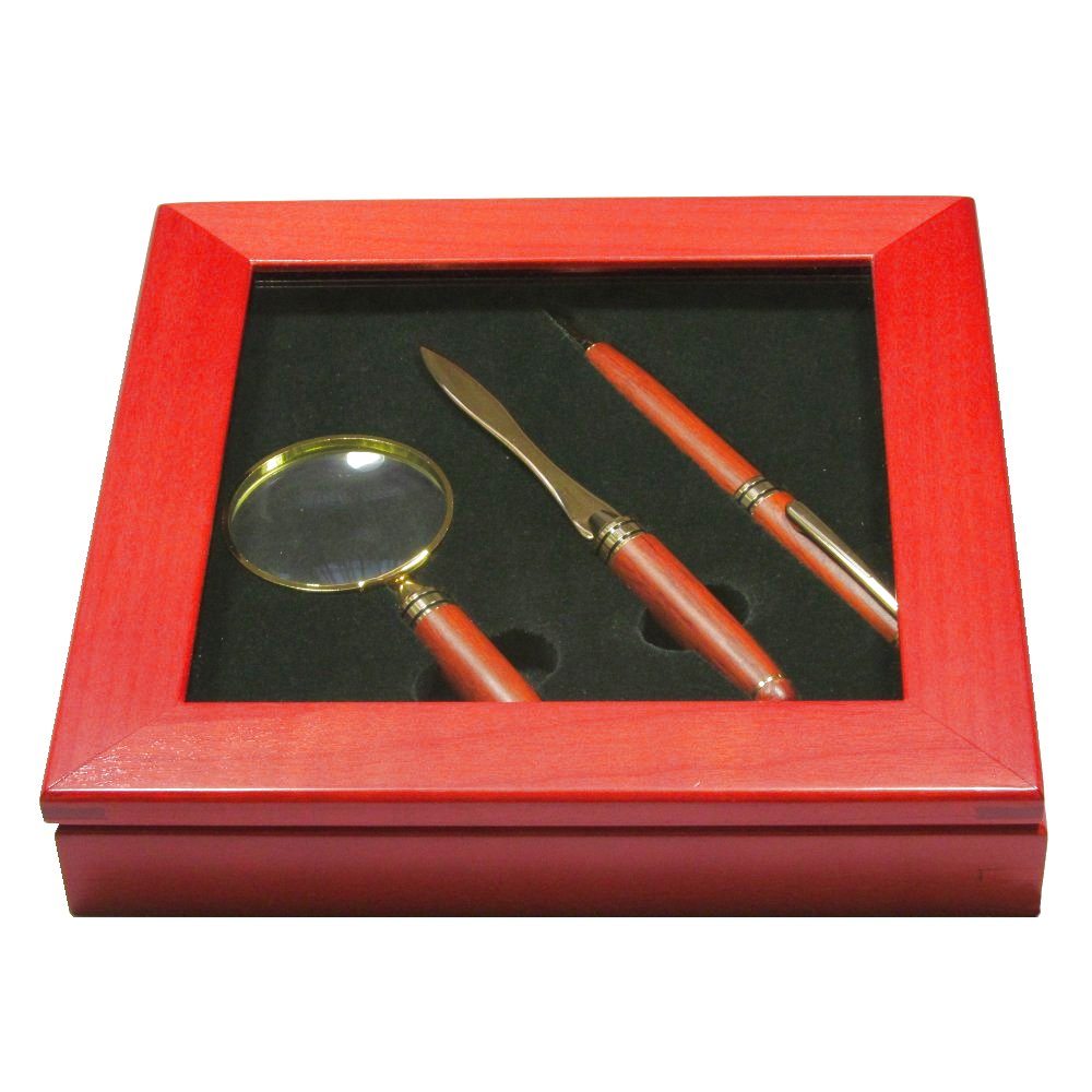 Rosewood Ballpoint , Letter Opener and Magnifying Glass Gift Set in Box