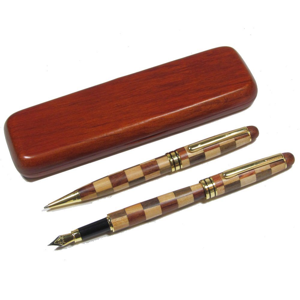 Multi Wood Ballpoint and Fountain Pen Set in Box Hillwood