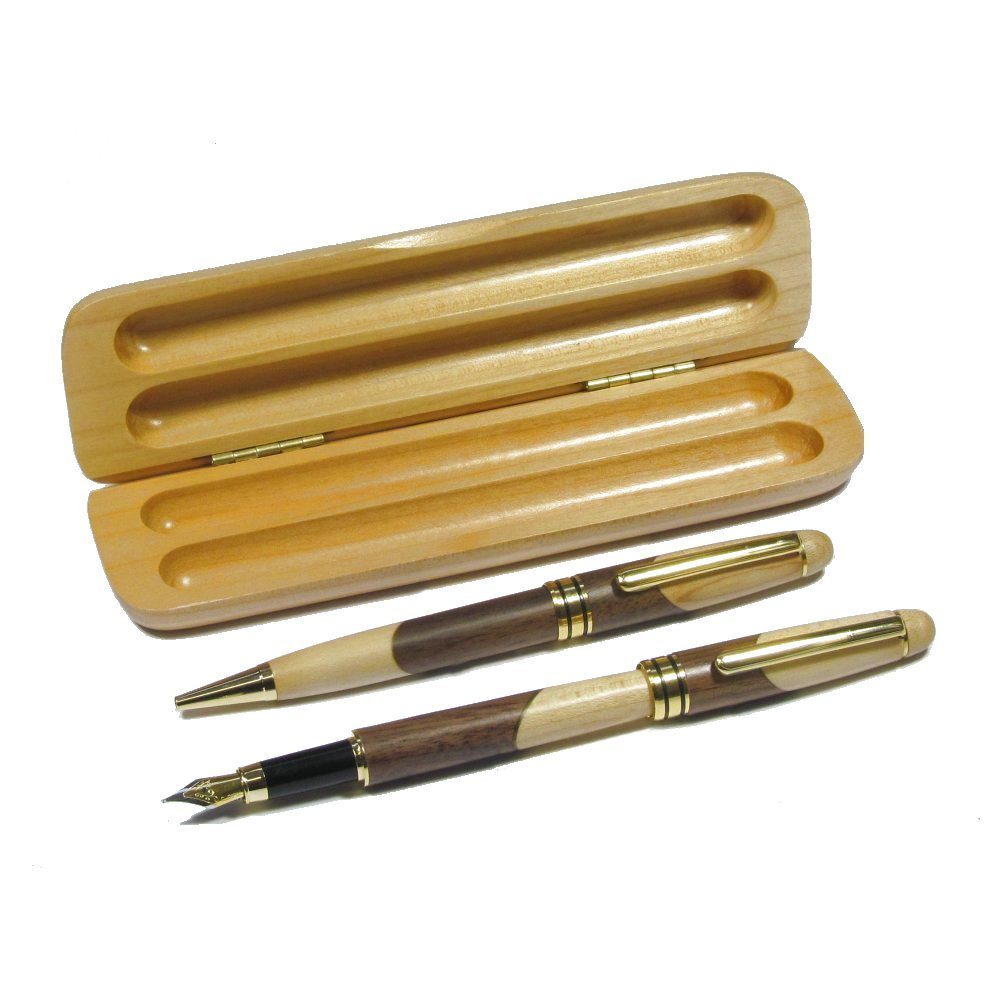 Maple and Walnut Ballpoint and Fountain Pen Set in Box Hillwood