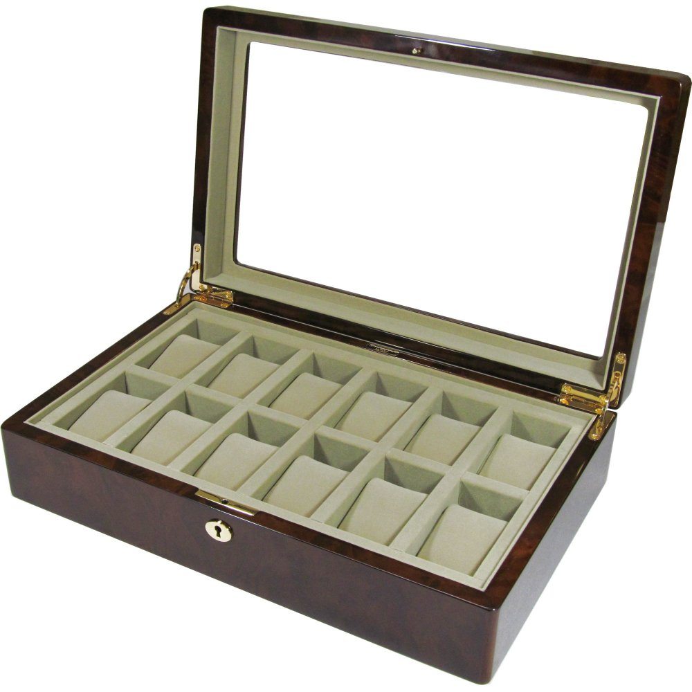 Camphor Burl Wood 12 Watch Storage Box with Glass Top Hillwood