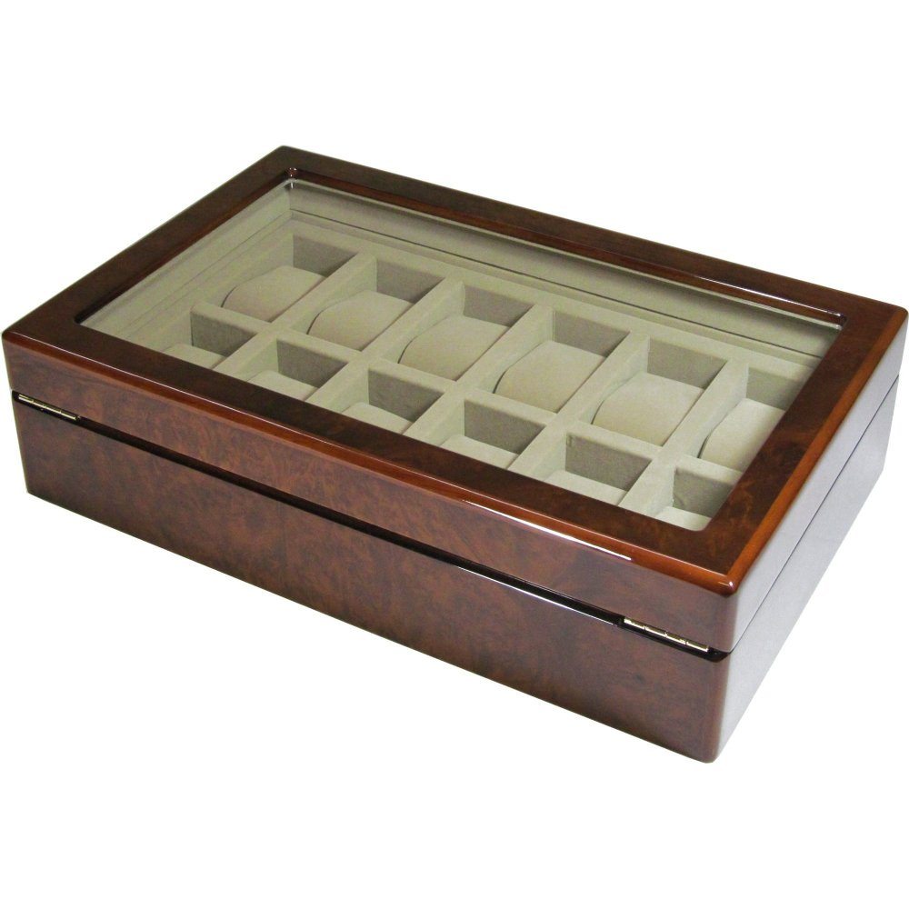 Camphor Burl Wood 12 Watch Storage Box with Glass Top Hillwood