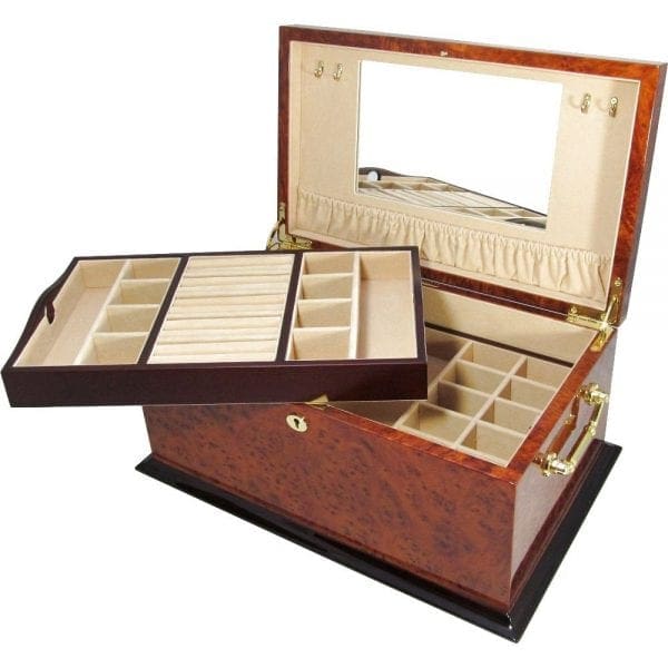 Large Makah Burl Wood Jewellery Chest with 3 Lift Out Trays Hillwood