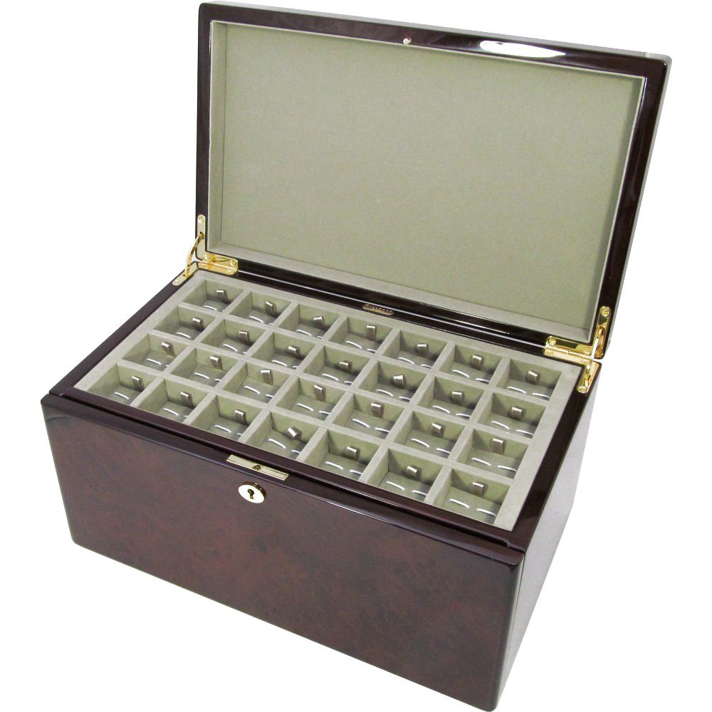 Camphor Burl Wood 112pc Cufflink Box with Lock Hillwood