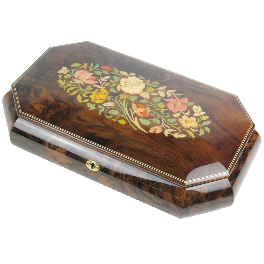 Walnut Burl Musical Jewellery Box with Marquetry Inlay Hillwood