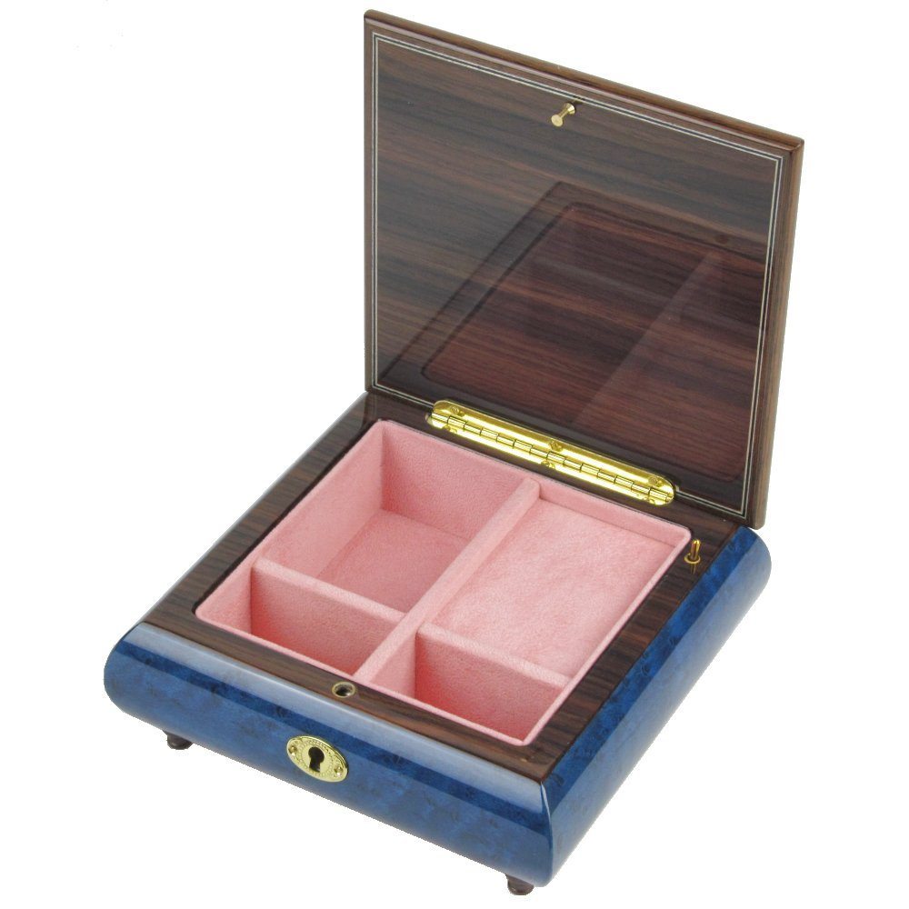 Royal Blue Maple Burl Musical Jewellery Box with Marquetry Inlay Hillwood