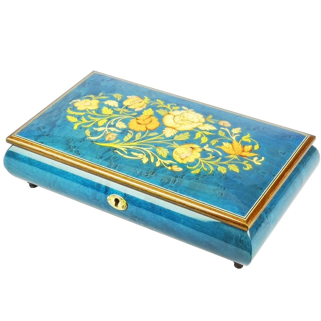 Handcrafted Wooden Royal Blue Maple Burl Musical Jewellery Box with Marquetry Inlay Hillwood