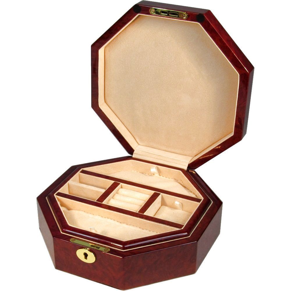 Octagonal Laminated Makah Burl Jewellery Box with Tray Hillwood