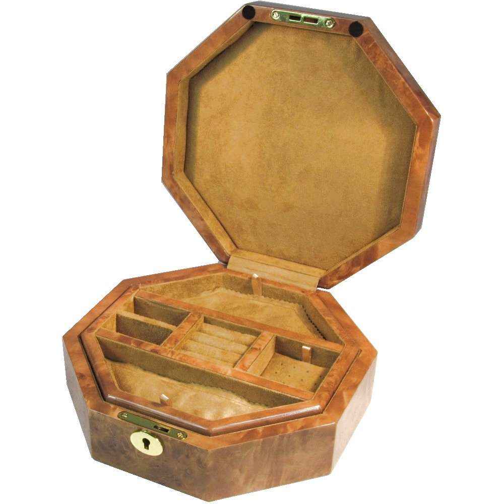 Octagonal Laminated Maple Burl Jewellery Box Hillwood