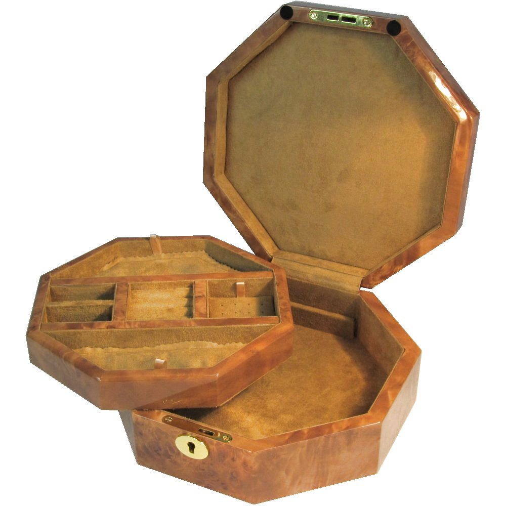 Octagonal Laminated Maple Burl Jewellery Box Hillwood