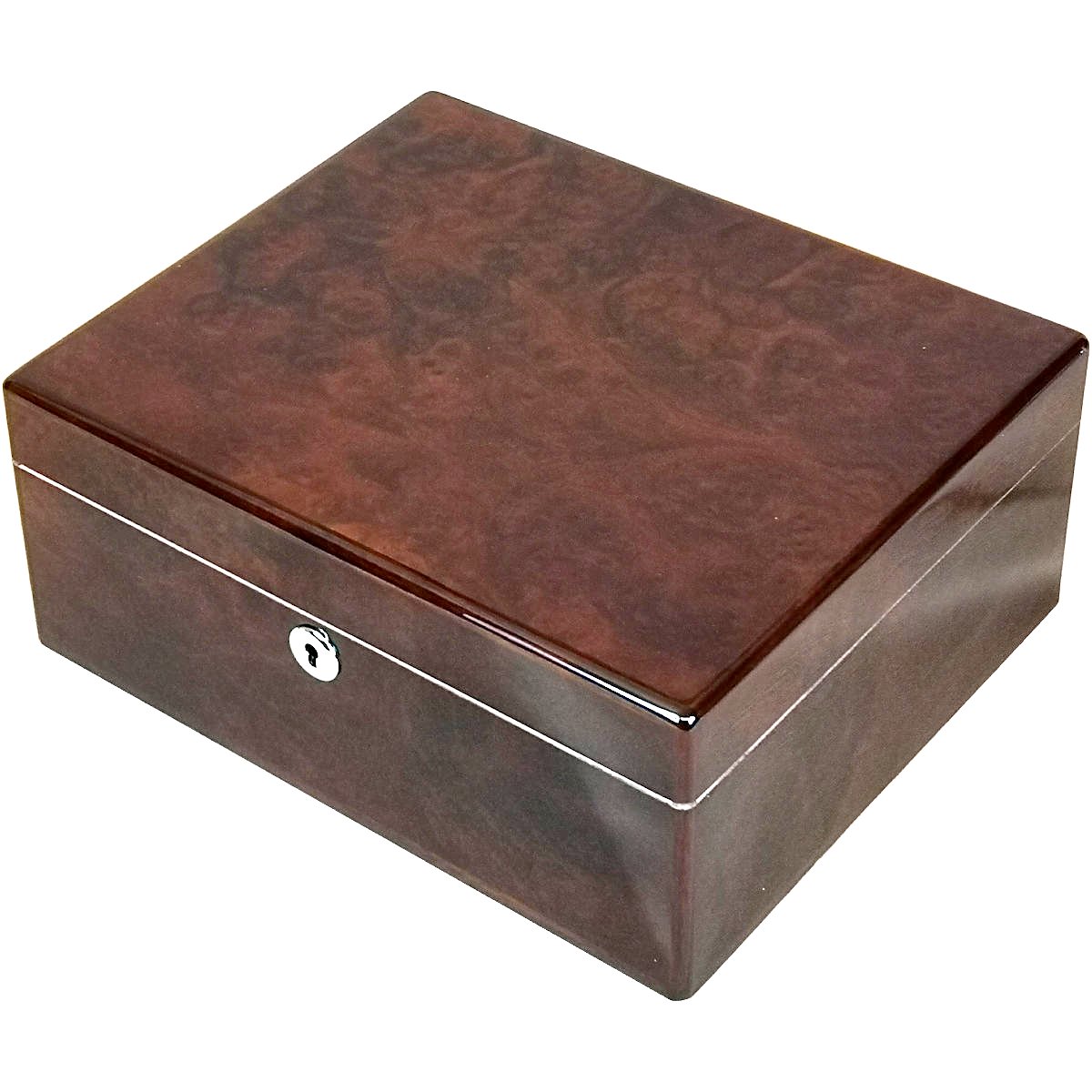 English Burl Walnut 25 Cigar Humidor with Lock Hillwood