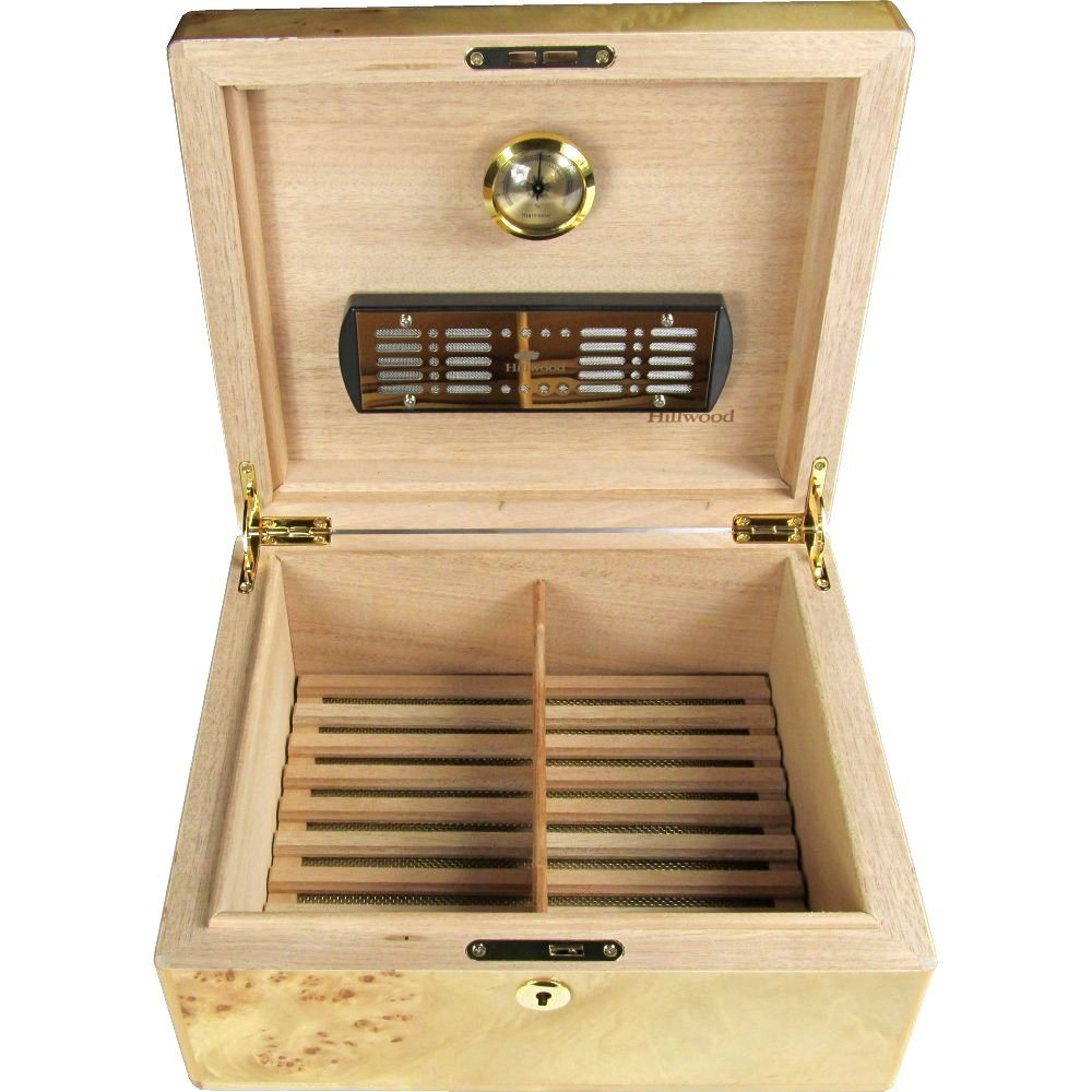 Maple Burl Wood 25 Cigar Humidor with Lock Hillwood