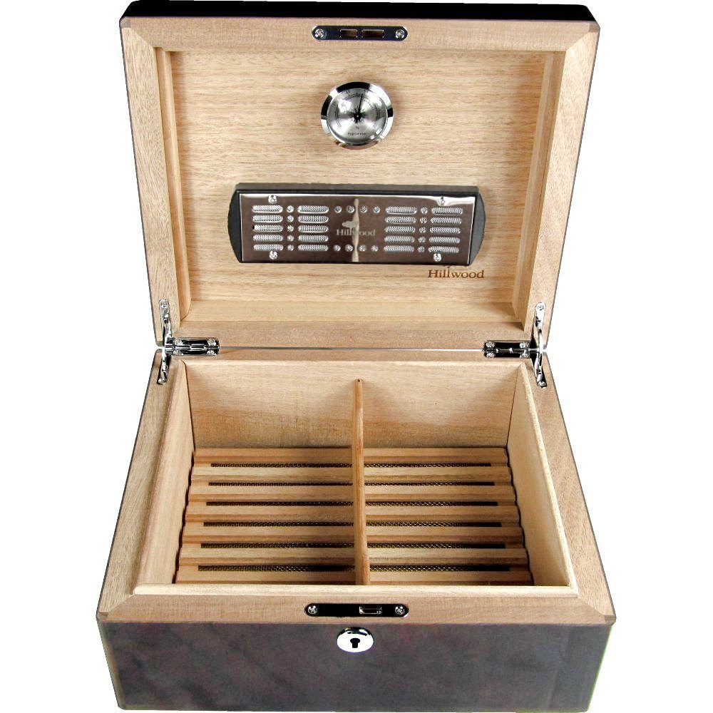 English Burl Walnut 25 Cigar Humidor with Lock Hillwood