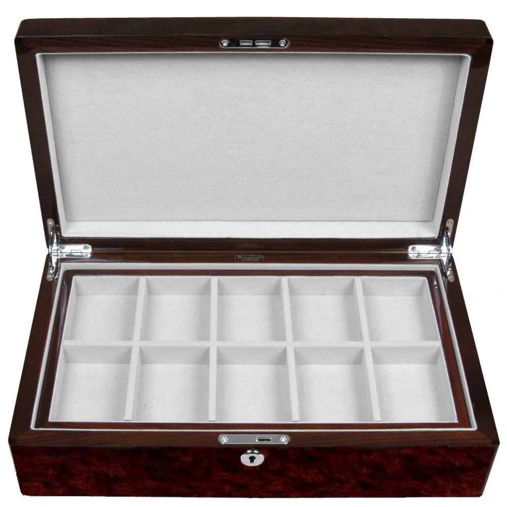 English Burl Walnut 20 Pocket Watch Storage Box Hillwood