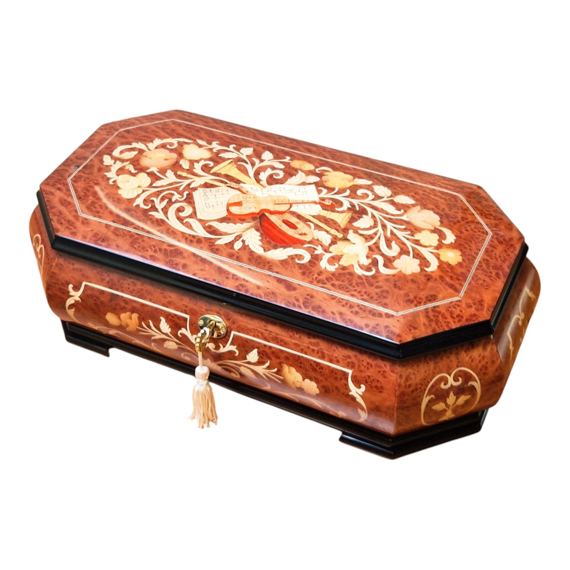 Large Handcrafted Wooden Elm Burl Musical Jewellery Box with Marquetry Inlay