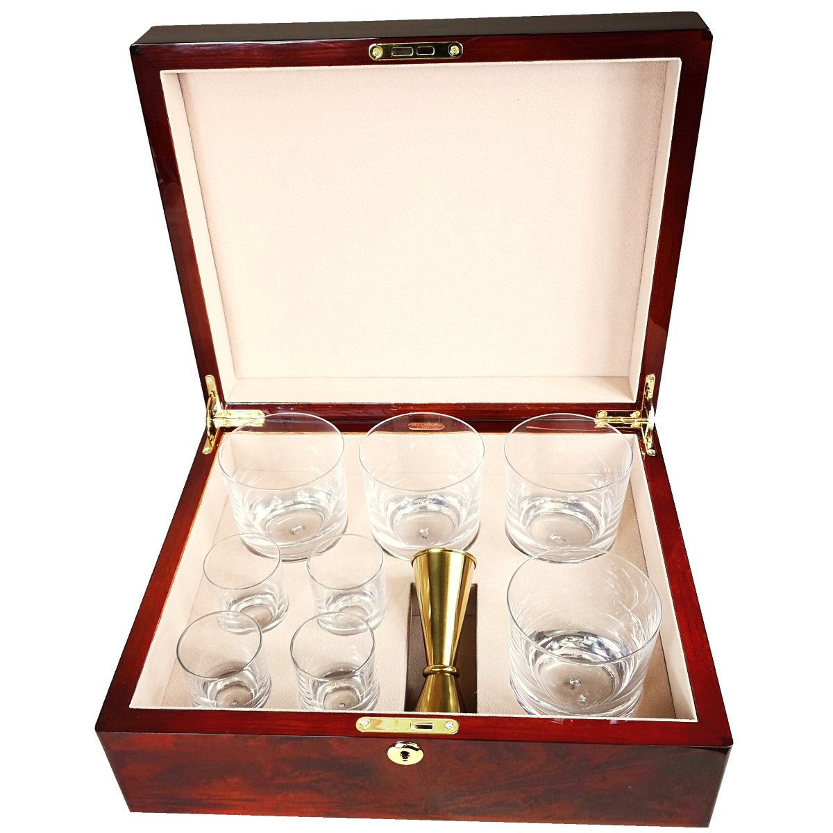 Details about   Crystal Whisky Tumbler and Shot Glass Set in a Luxury Makah Burlwood Box 