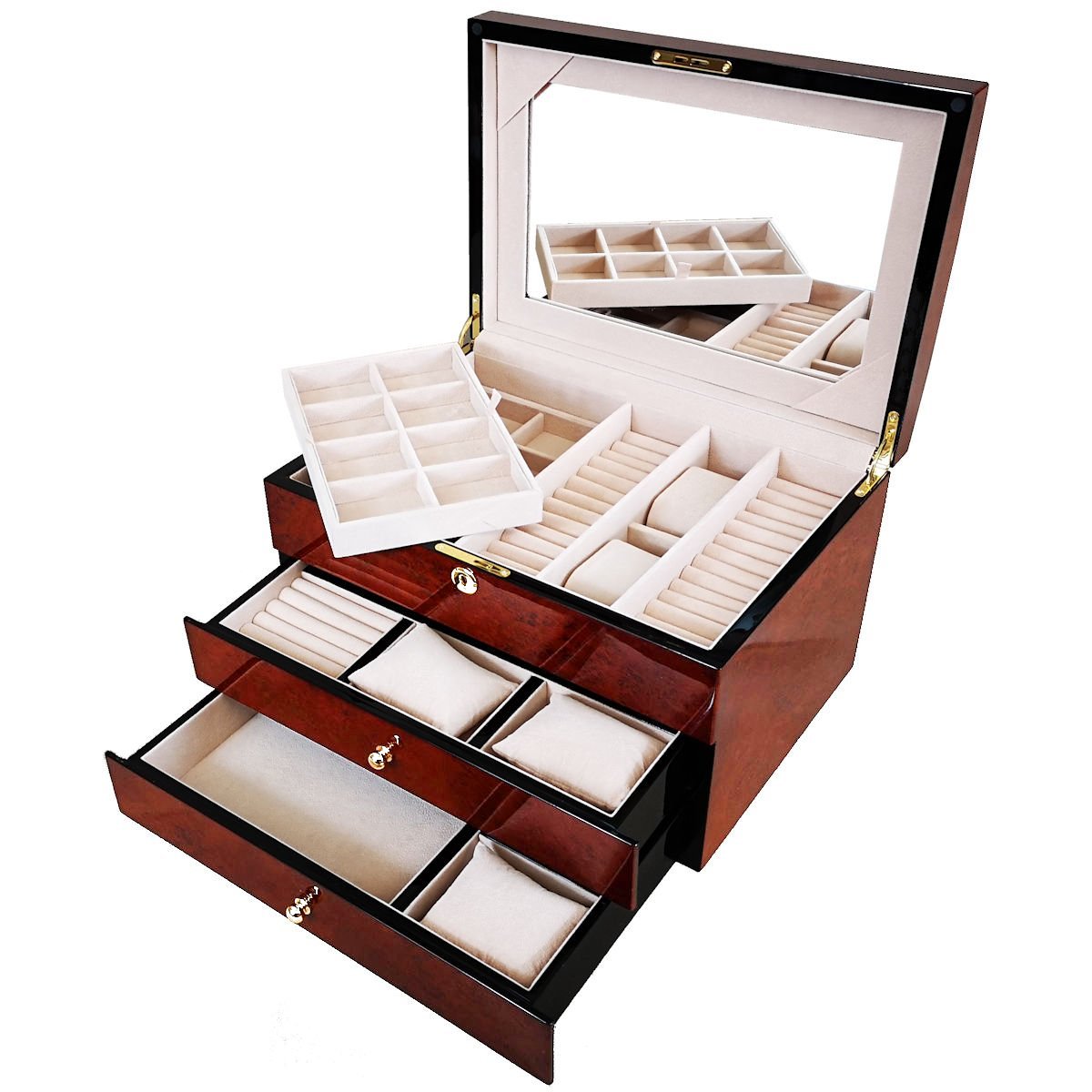 Extra Large Makah Burl Wood Jewellery Box with Multiple Compartments