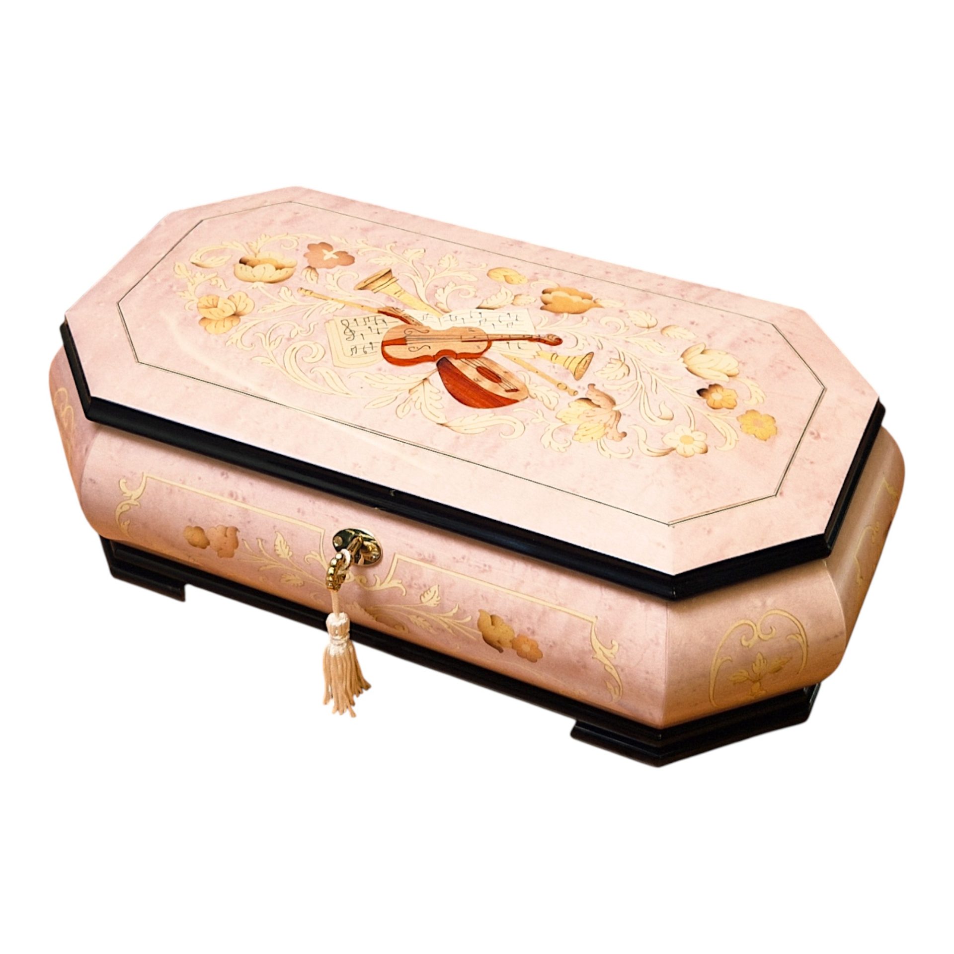 Large Handcrafted Wooden Pink Maple Burl Musical Jewellery Box with Marquetry Inlay