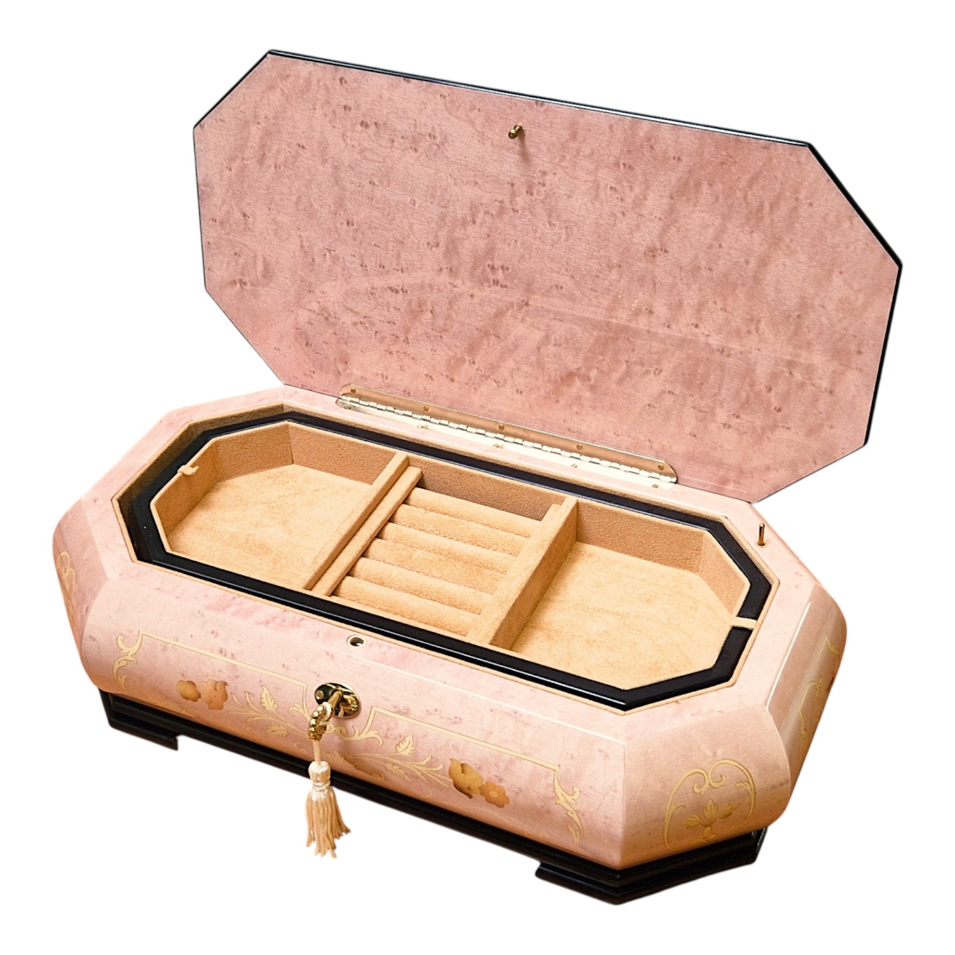 Large Handcrafted Wooden Pink Maple Burl Musical Jewellery Box with Marquetry Inlay - Image 3