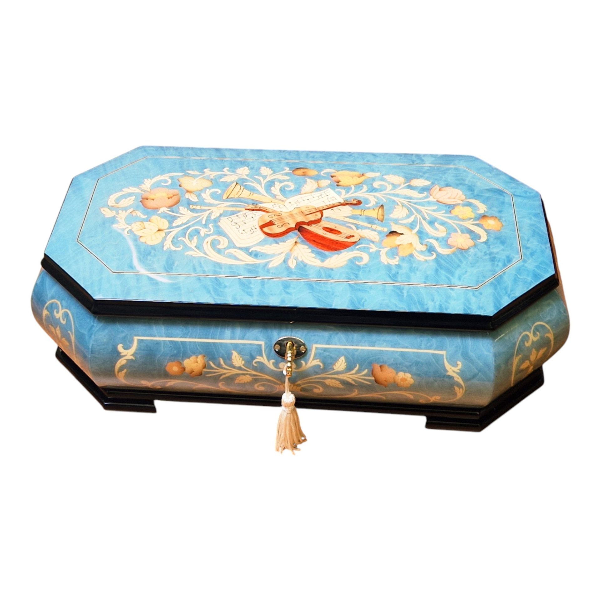 Large Handcrafted Wooden Blue Maple Burl Musical Jewellery Box with Marquetry Inlay - Image 4