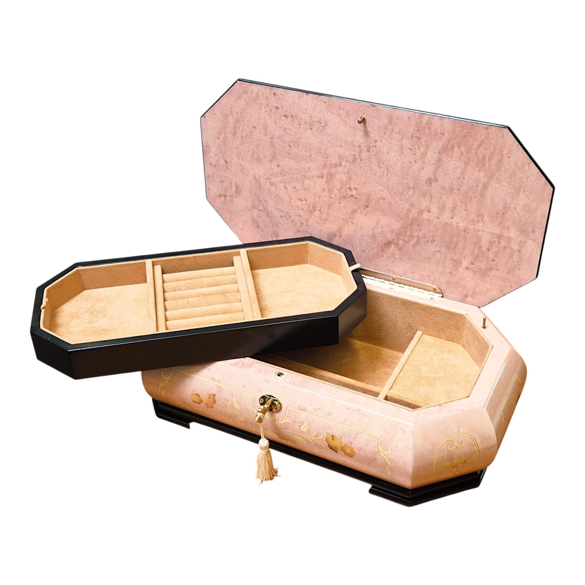 Large Handcrafted Wooden Pink Maple Burl Musical Jewellery Box with Marquetry Inlay - Image 2