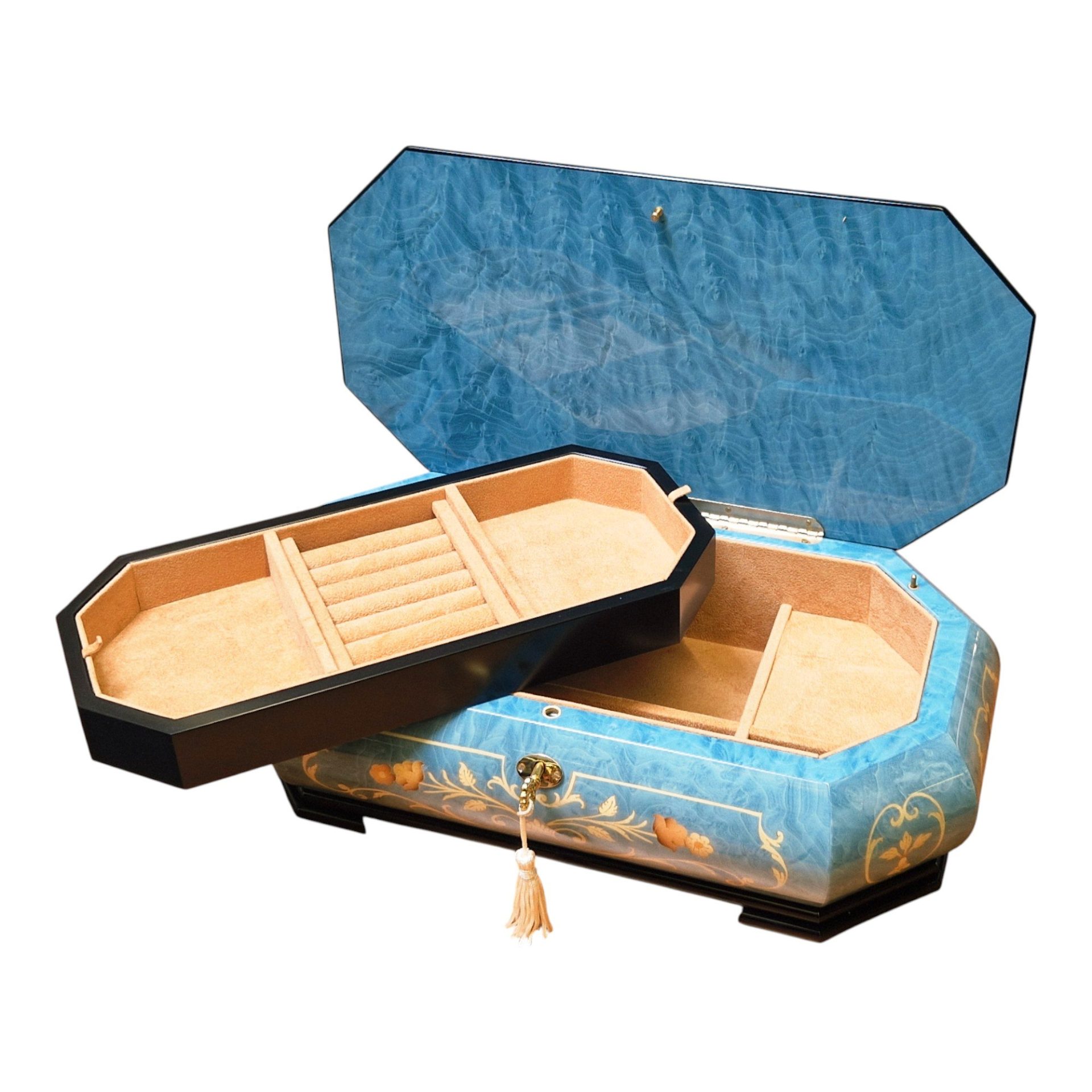 Large Handcrafted Wooden Blue Maple Burl Musical Jewellery Box with Marquetry Inlay - Image 2