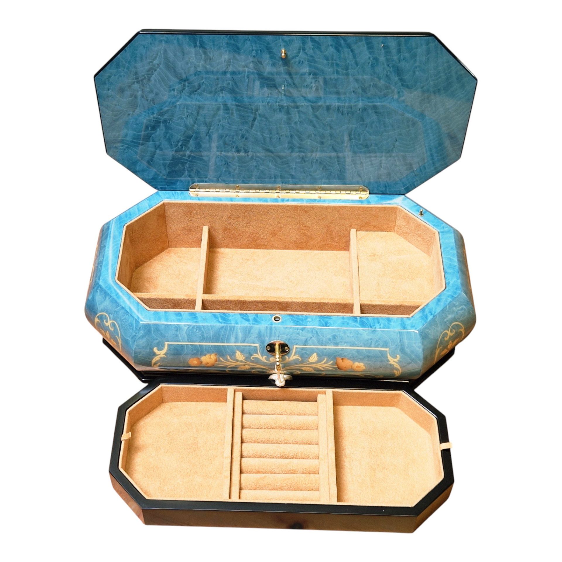 Large Handcrafted Wooden Blue Maple Burl Musical Jewellery Box with Marquetry Inlay - Image 6