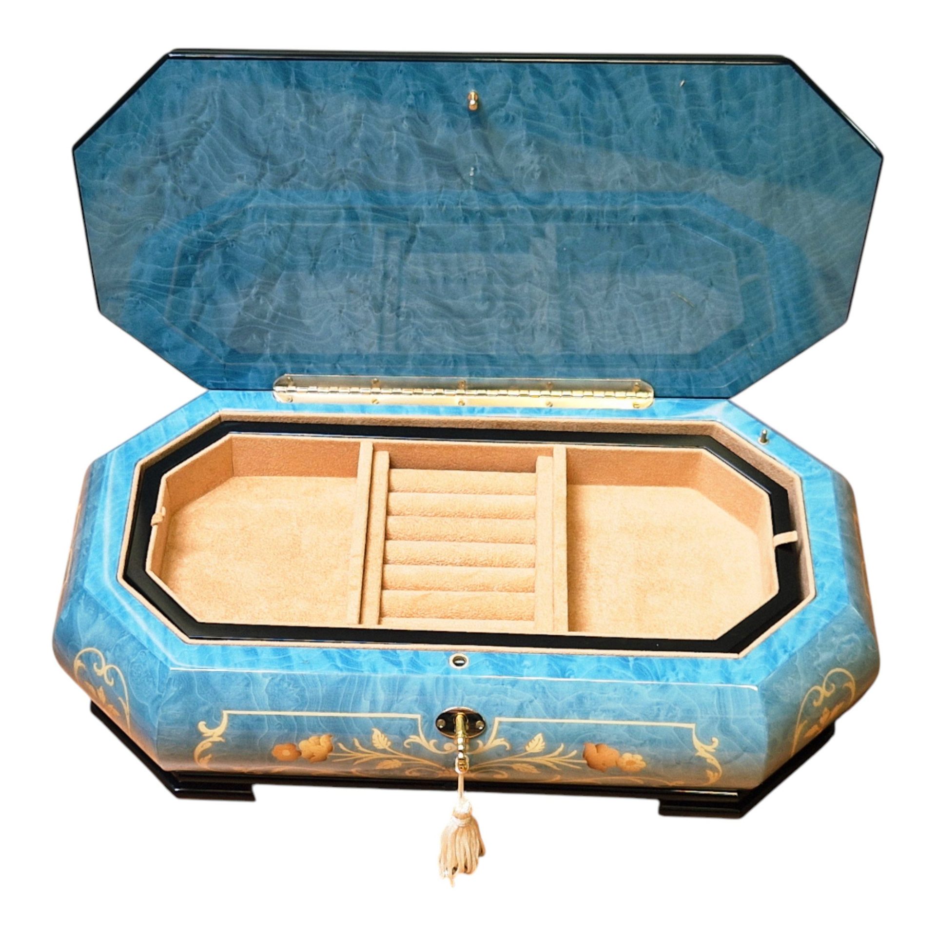 Large Handcrafted Wooden Blue Maple Burl Musical Jewellery Box with Marquetry Inlay - Image 8