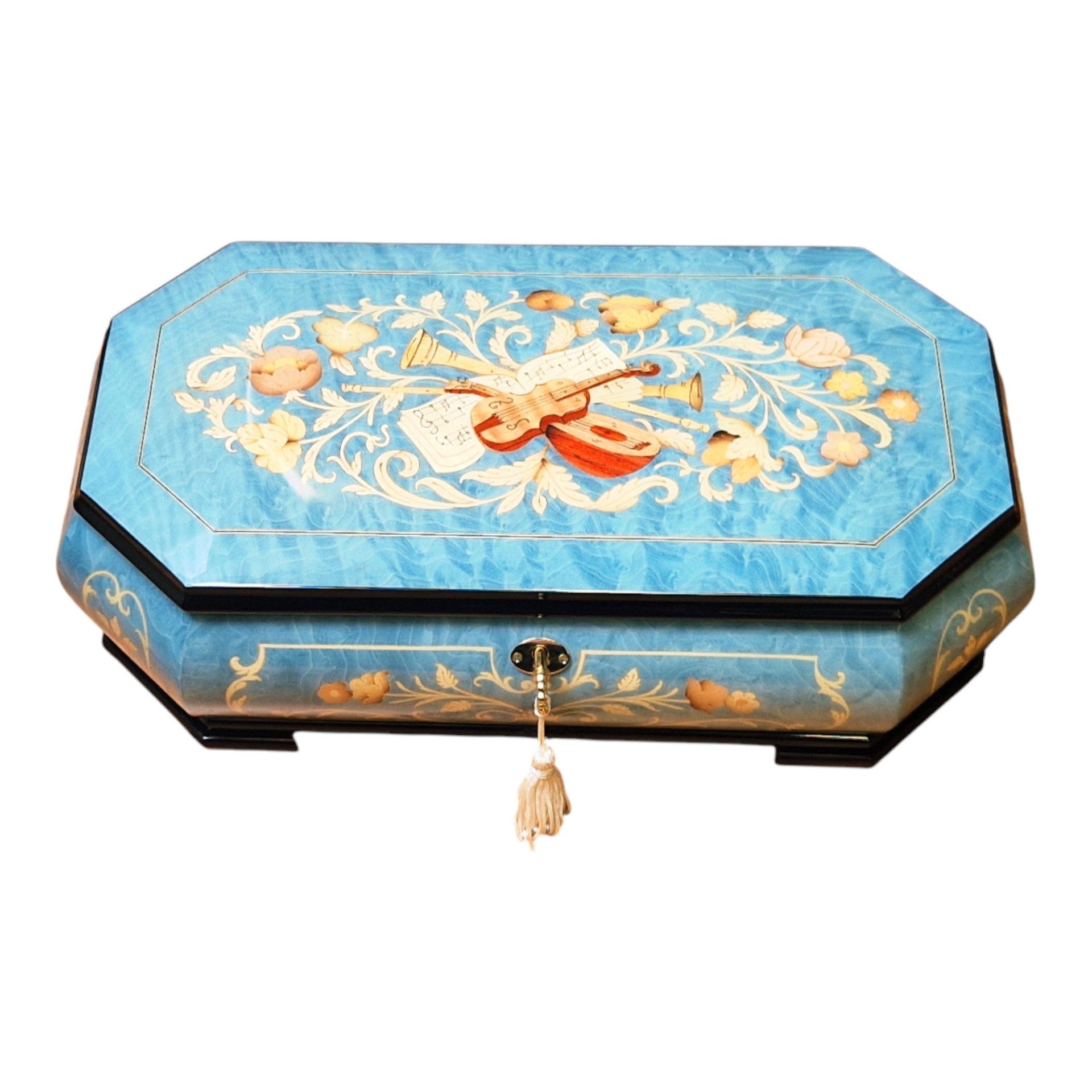 Large Handcrafted Wooden Blue Maple Burl Musical Jewellery Box with Marquetry Inlay - Image 5