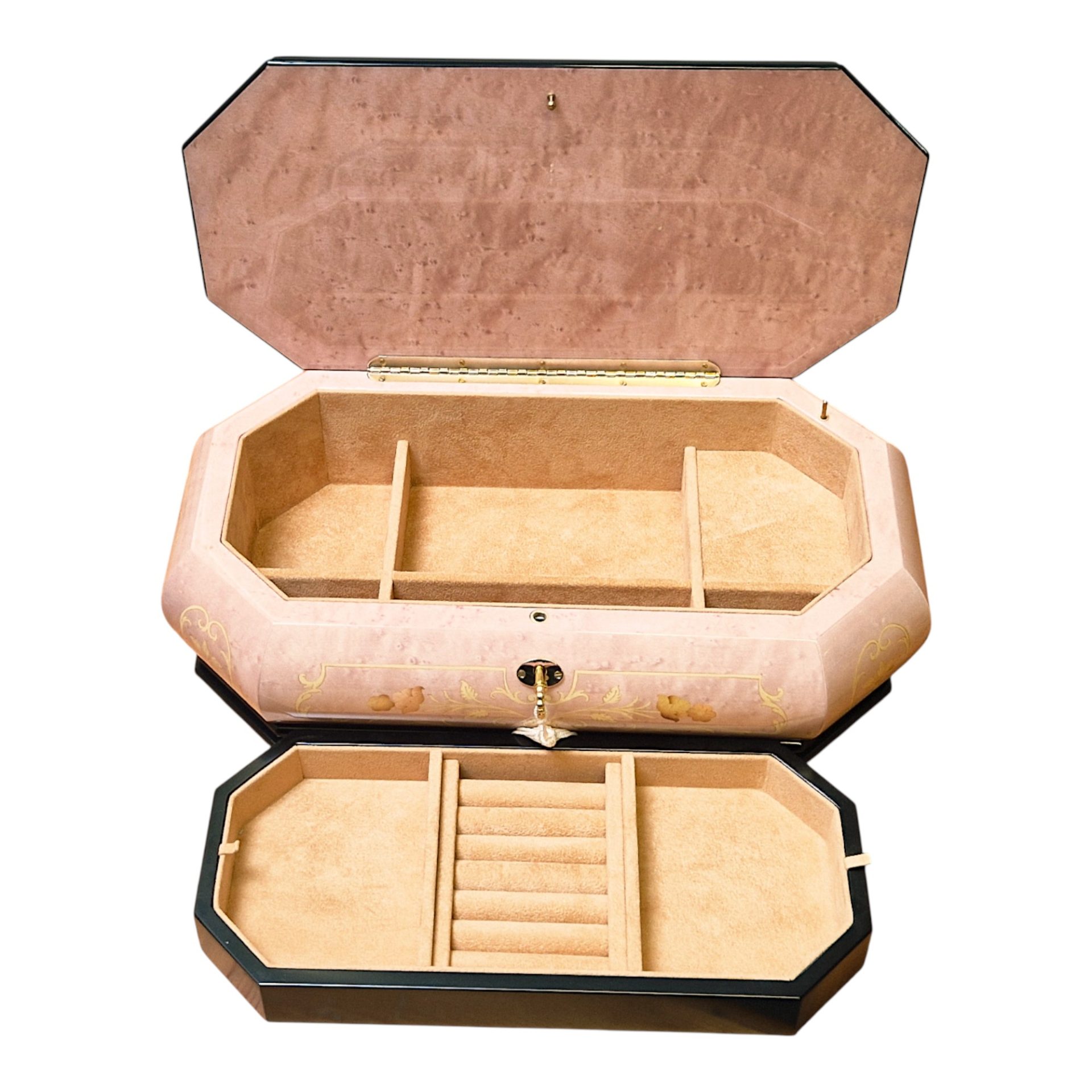 Large Handcrafted Wooden Pink Maple Burl Musical Jewellery Box with Marquetry Inlay - Image 5