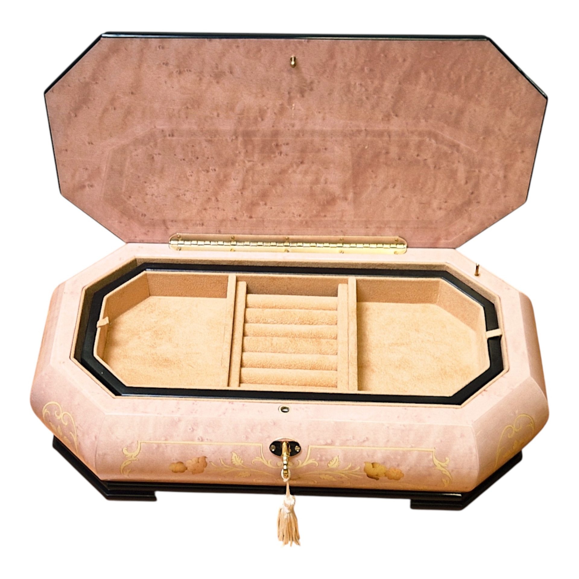 Large Handcrafted Wooden Pink Maple Burl Musical Jewellery Box with Marquetry Inlay - Image 9