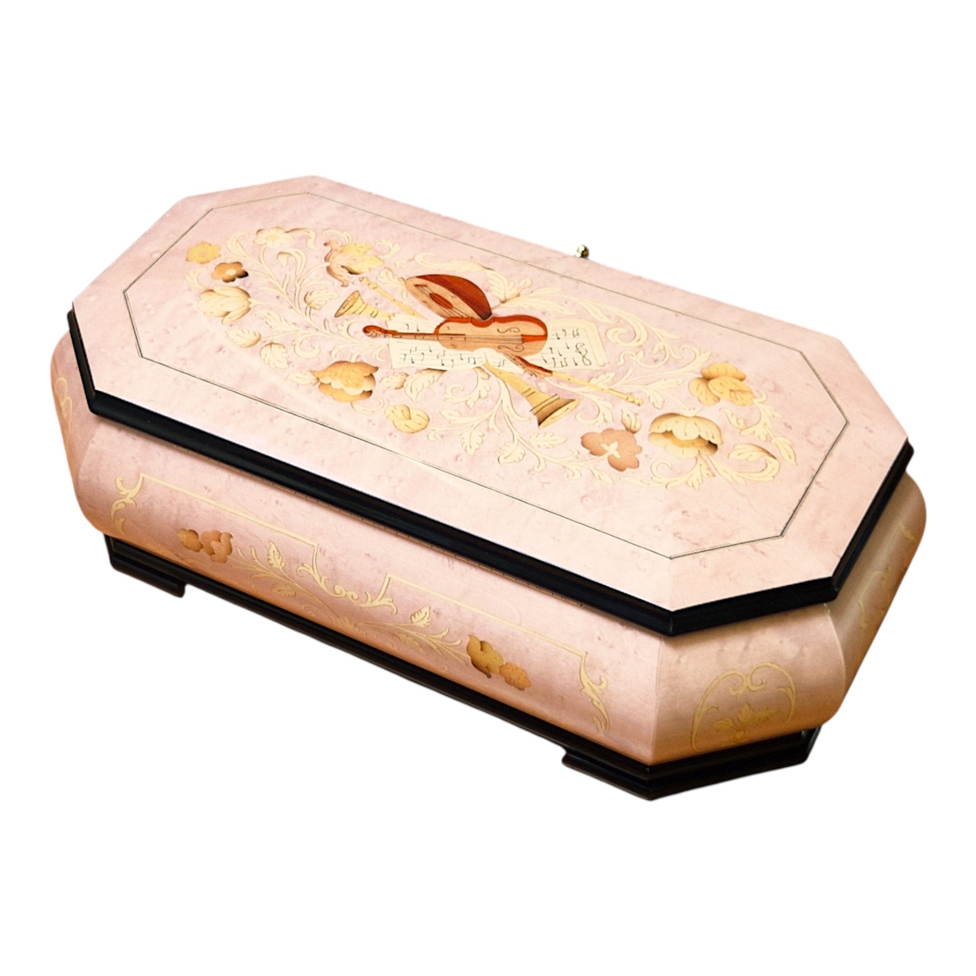 Large Handcrafted Wooden Pink Maple Burl Musical Jewellery Box with Marquetry Inlay - Image 10